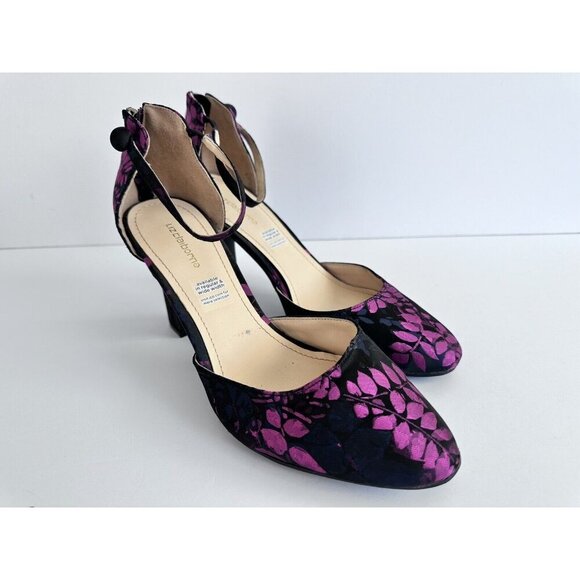 LIZ CLAIBORNE DARK BLUE PURPLE FLORAL ANKLE STRAP‎ PUMPS WINNIE 8W WHIMSY READ - Picture 1 of 11